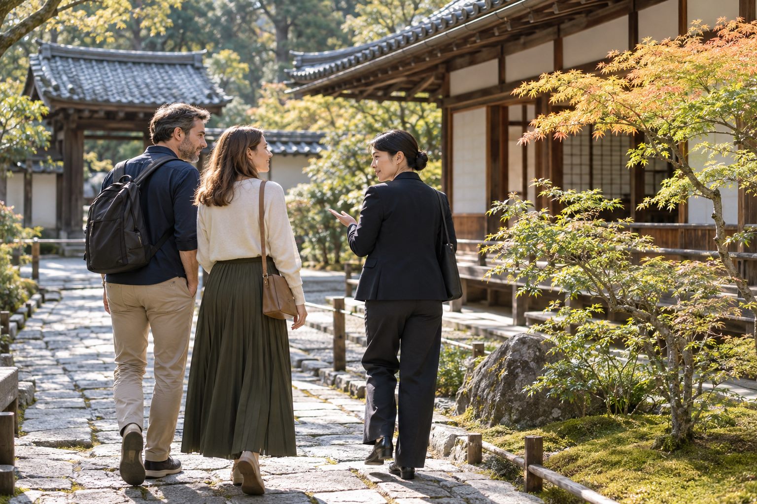 Private guide accompanying international guests in a Japanese garden