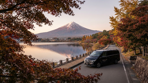 Private minivan on a scenic road near Mount Fuji
