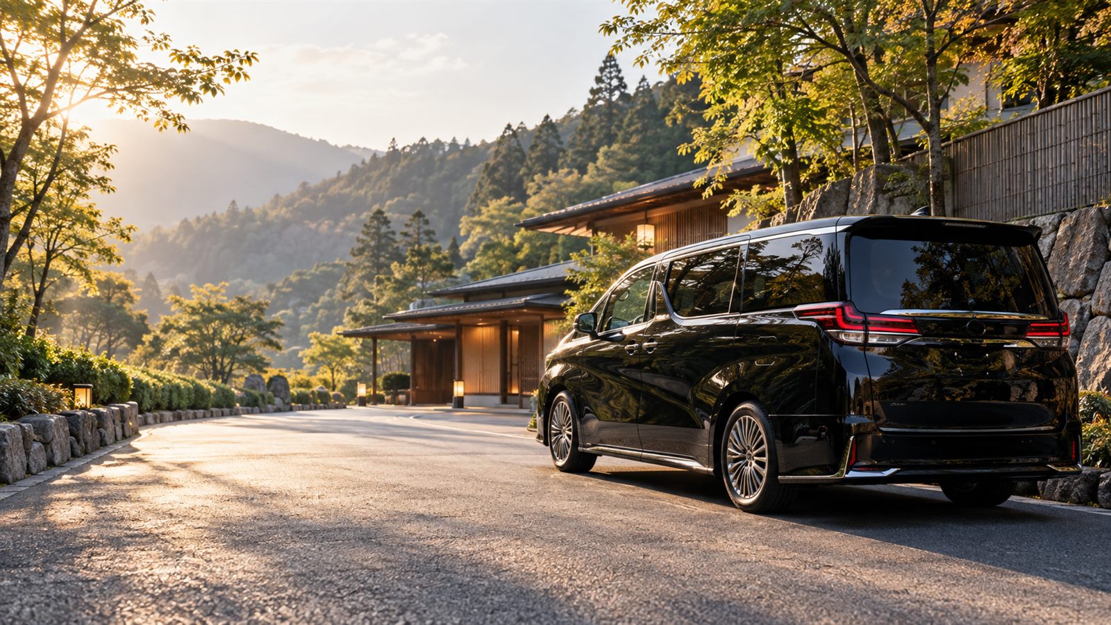 An executive Japanese minivan beside a quiet forest road in Japan